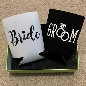 Bride and Groom Koozie Can Coolers Black and White
